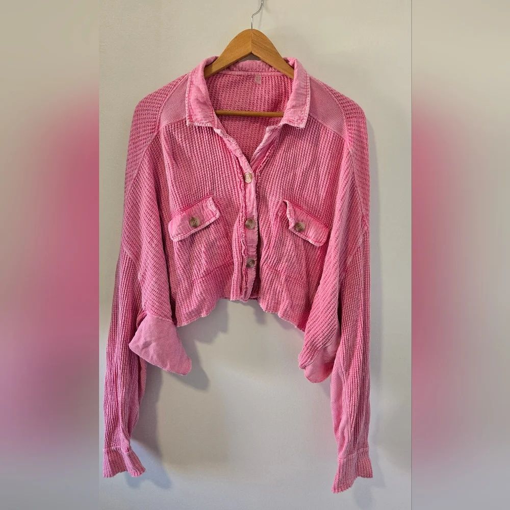 Free People Pink Cropped Waffle Knit Button-Up Shirt - Picture 2 of 5